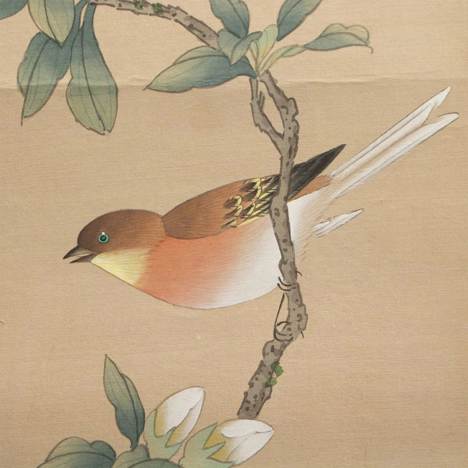 Mid 20th Century Showa Era Japanese Watercolor Painting on Silk "Rosefinch, Camellias and Lilies" - 8