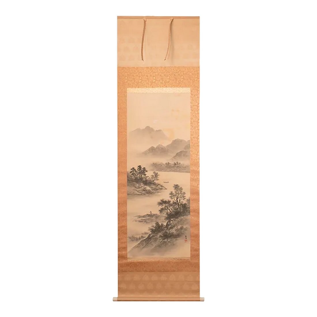 Pre-1940 Showa Era Japanese Monochrome Silk Scroll Watercolor Painting, "Landscape With River" (1 of 12)