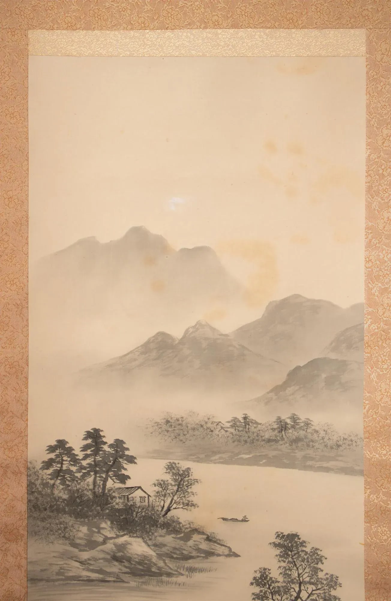 Pre-1940 Showa Era Japanese Monochrome Silk Scroll Watercolor Painting, "Landscape With River" - 3
