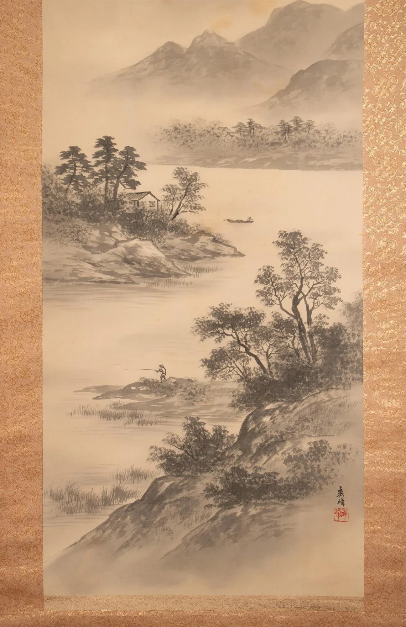 Pre-1940 Showa Era Japanese Monochrome Silk Scroll Watercolor Painting, "Landscape With River" - 4