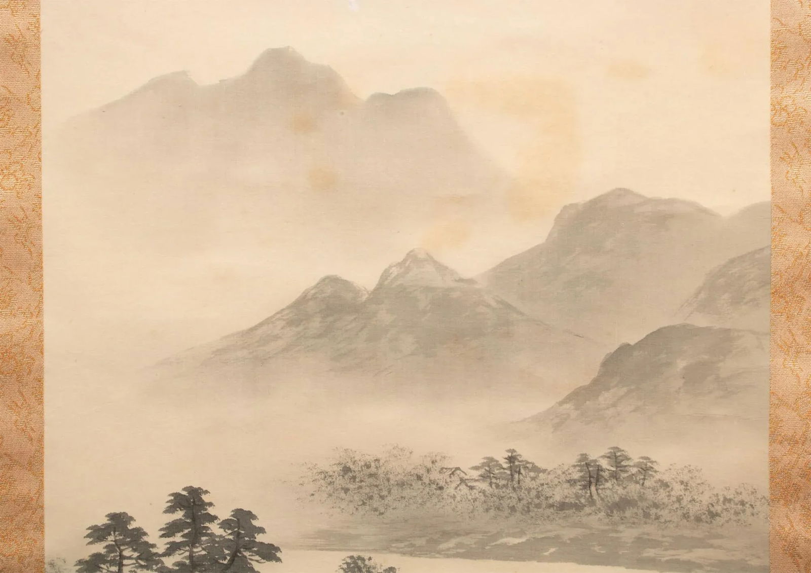Pre-1940 Showa Era Japanese Monochrome Silk Scroll Watercolor Painting, "Landscape With River" - 5