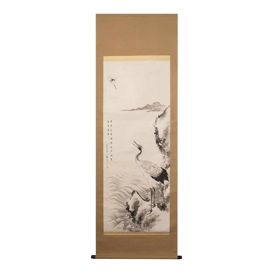 1950s XL Showa Era Japanese Monochrome Watercolor Painting, "Seascape With Red-Crowned Cranes": Fine extra large Japanese Showa Era Monochrome Watercolor scroll painting depicting Seascape with Red-Crowned Cranes. Signed and sealed by artist in ink. Also signed on the back of the top roller. Ver