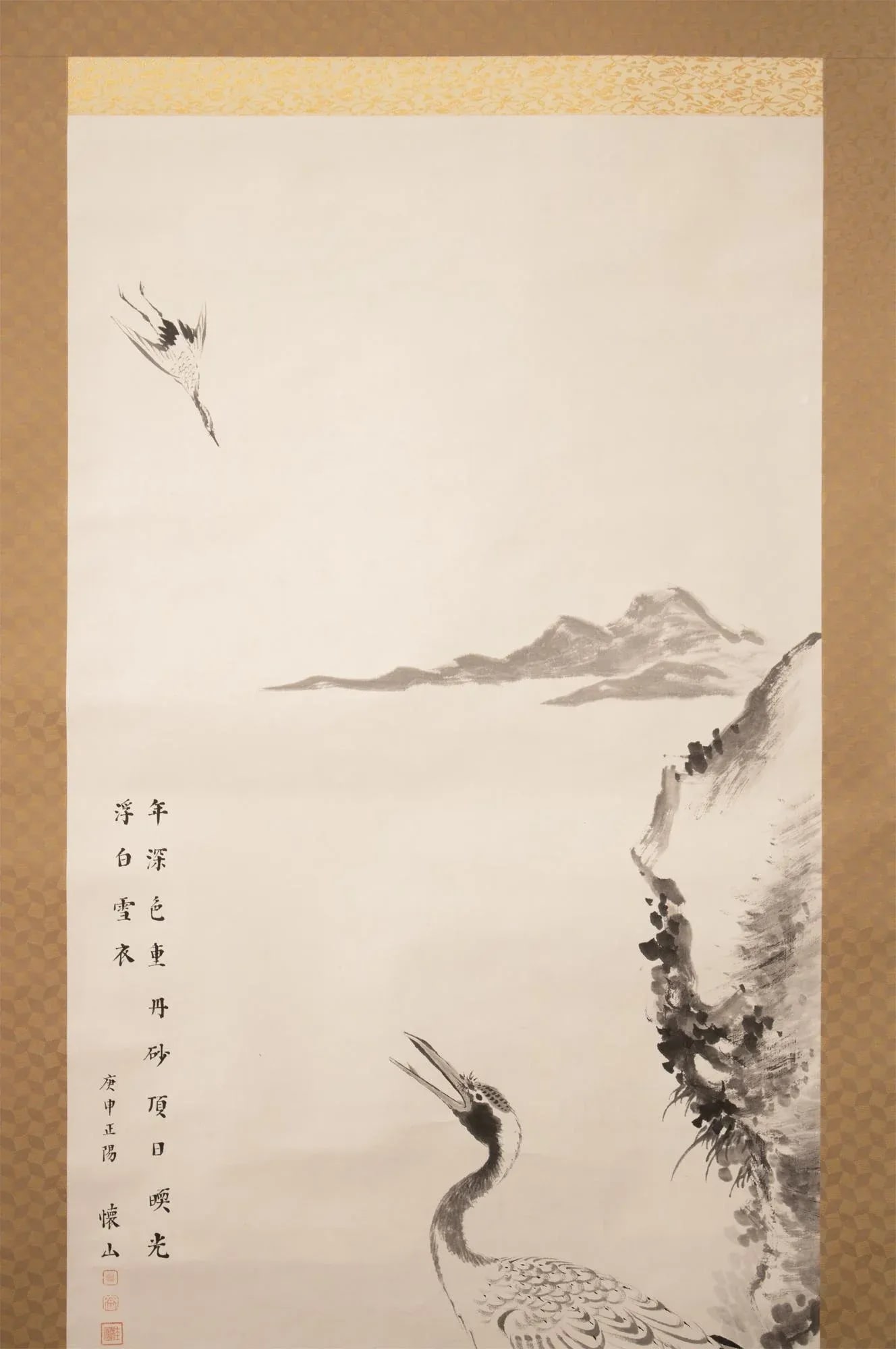 1950s XL Showa Era Japanese Monochrome Watercolor Painting, "Seascape With Red-Crowned Cranes" - 3