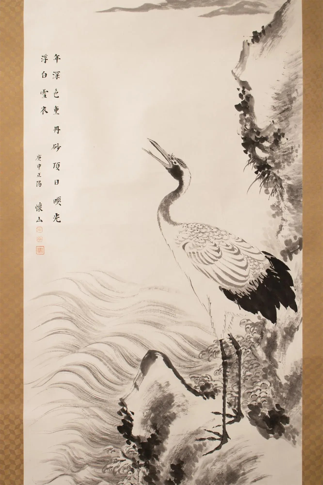 1950s XL Showa Era Japanese Monochrome Watercolor Painting, "Seascape With Red-Crowned Cranes" - 5