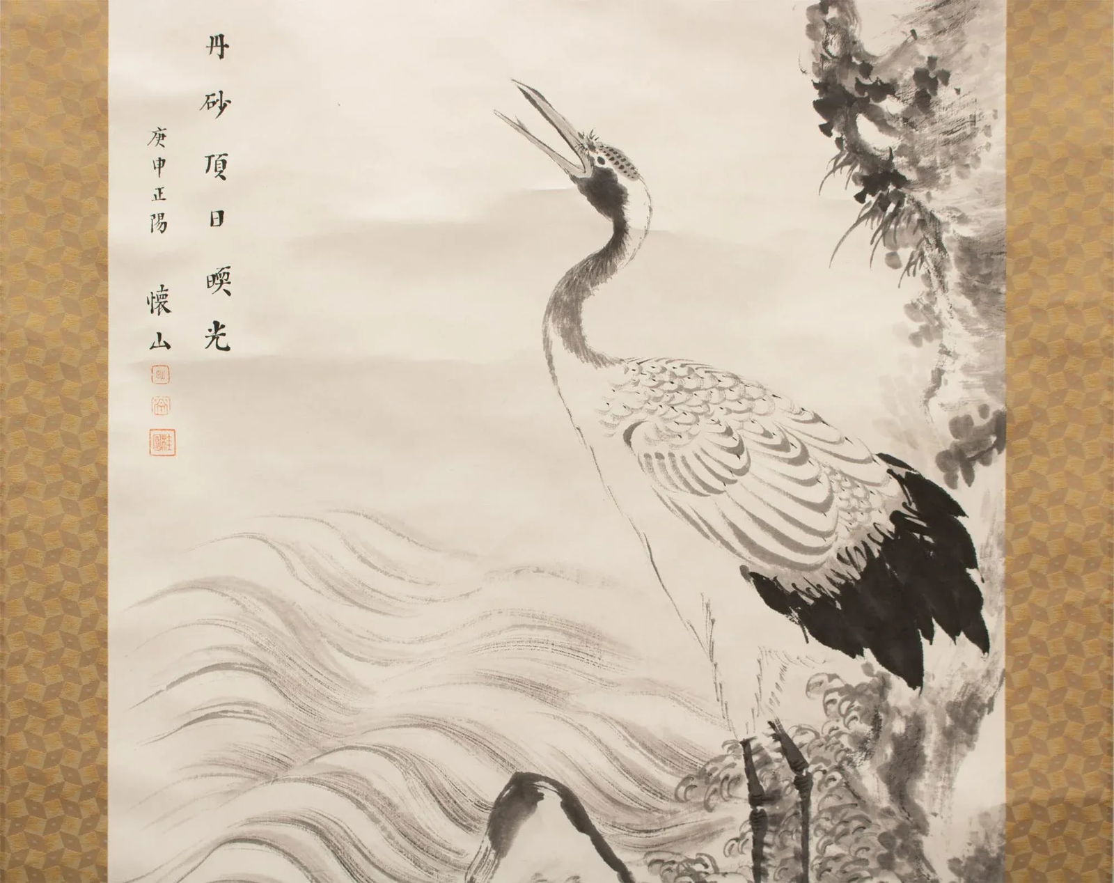 1950s XL Showa Era Japanese Monochrome Watercolor Painting, "Seascape With Red-Crowned Cranes" - 7