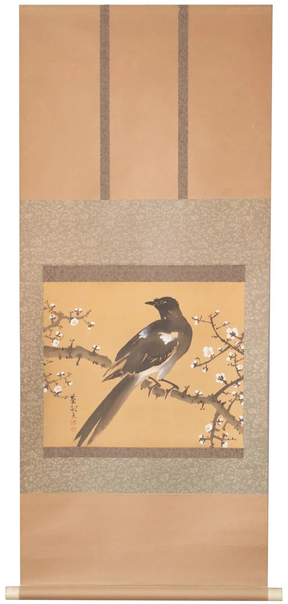 Pre-1940 Showa Era Japanese Silk Watercolor Scroll Painting, "The Crow and the Plum Tree" - 11
