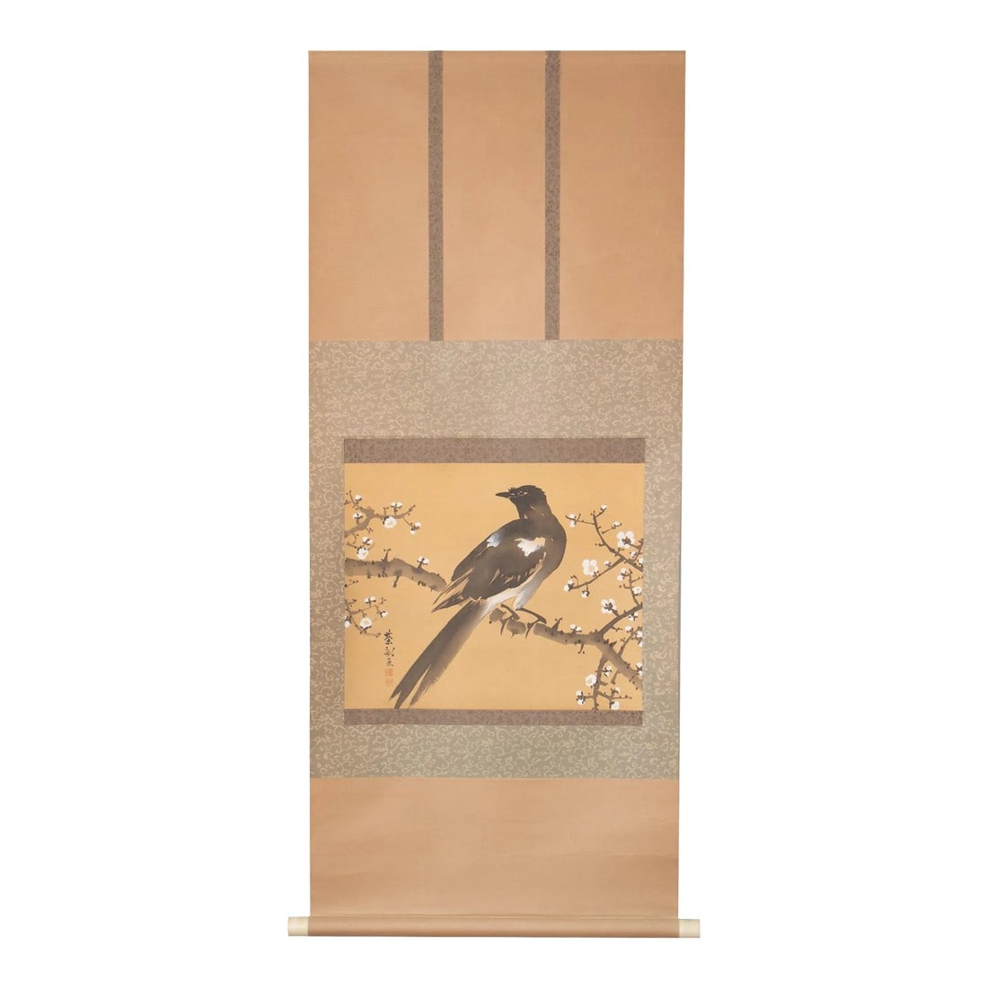Pre-1940 Showa Era Japanese Silk Watercolor Scroll Painting, "The Crow and the Plum Tree": Fine antique or vintage Japanese Showa Era watercolor scroll painting depicting The Crow on the Blossoming Plum Tree Branch. Signed and sealed by artist in ink. Very well done. Watercolor and ink on s