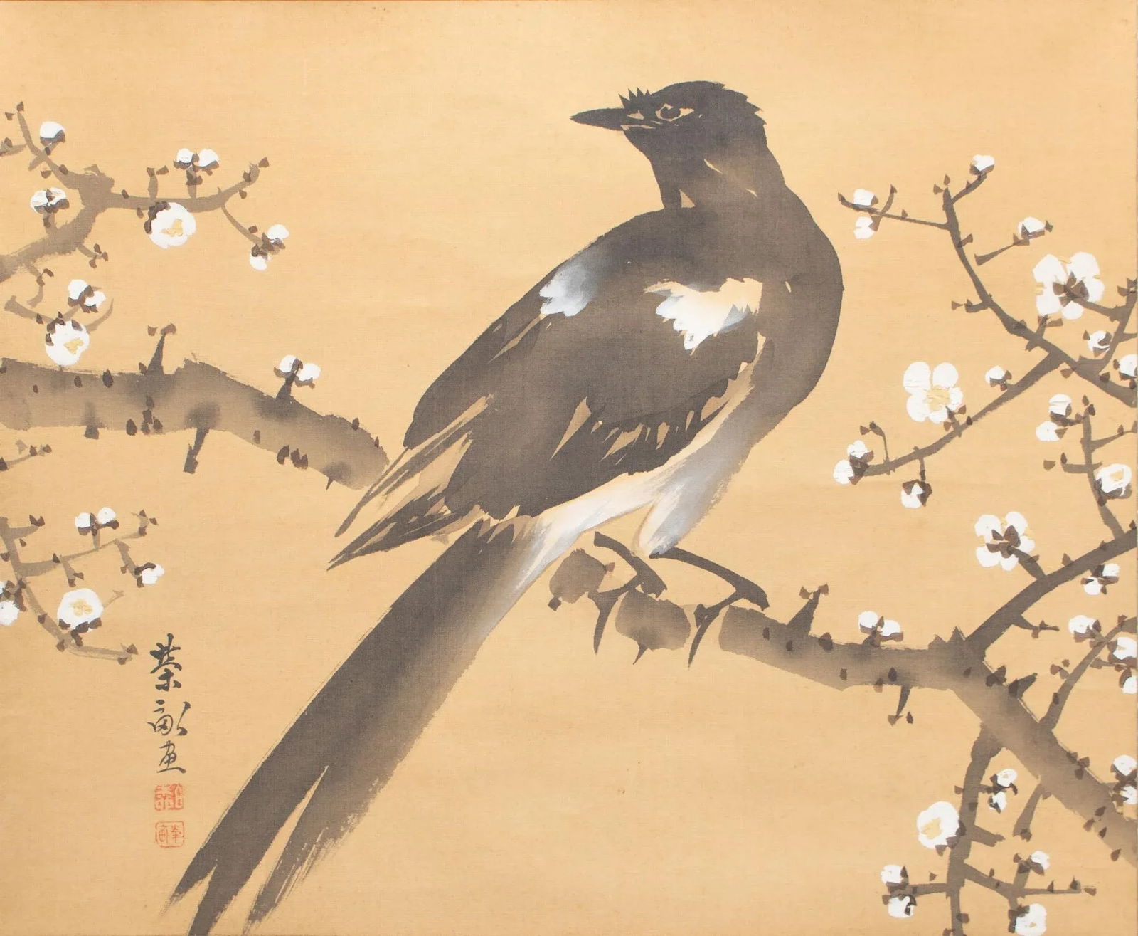 Pre-1940 Showa Era Japanese Silk Watercolor Scroll Painting, "The Crow and the Plum Tree" - 3