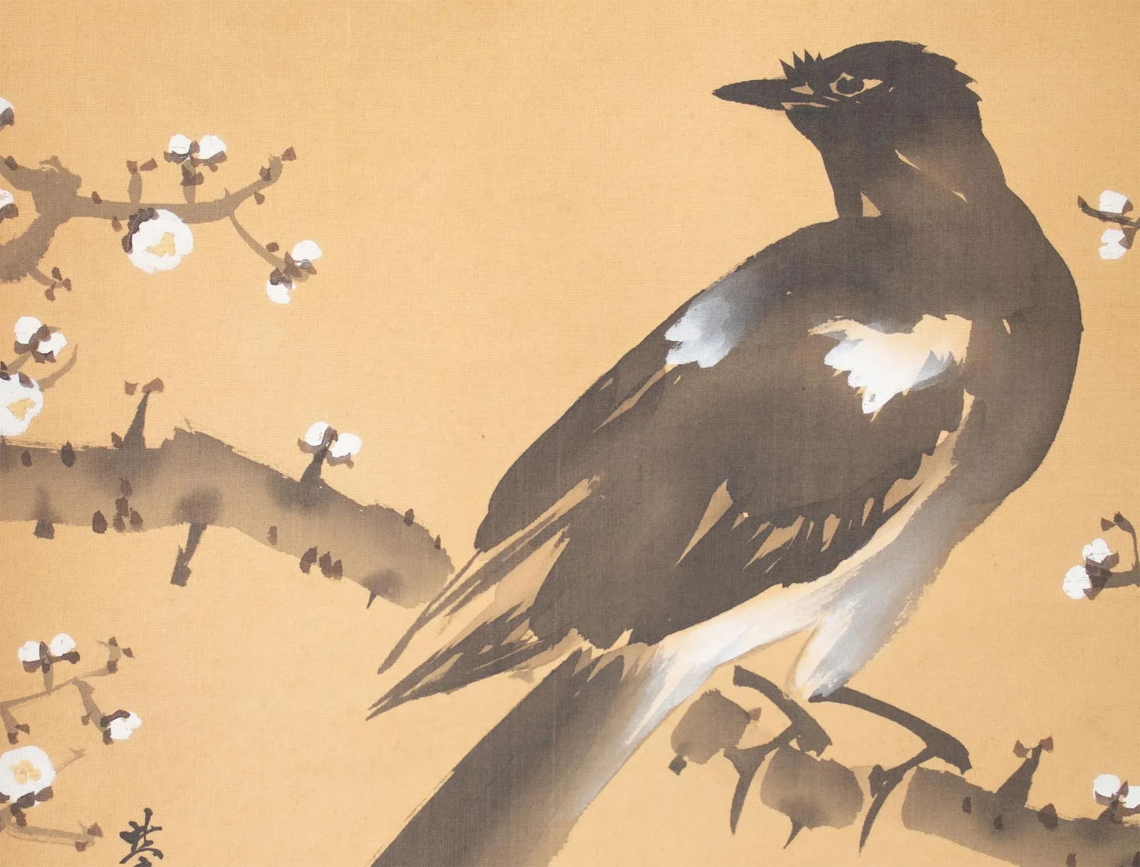 Pre-1940 Showa Era Japanese Silk Watercolor Scroll Painting, "The Crow and the Plum Tree" - 4