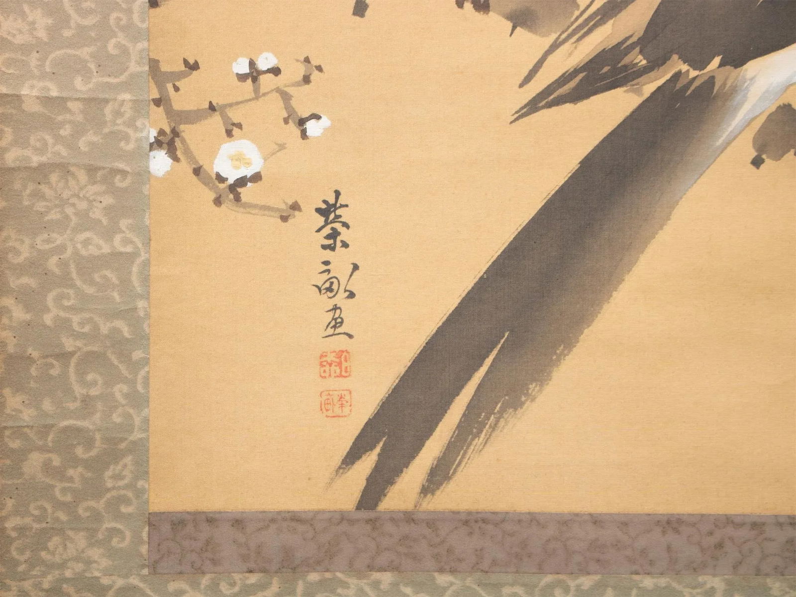 Pre-1940 Showa Era Japanese Silk Watercolor Scroll Painting, "The Crow and the Plum Tree" - 6