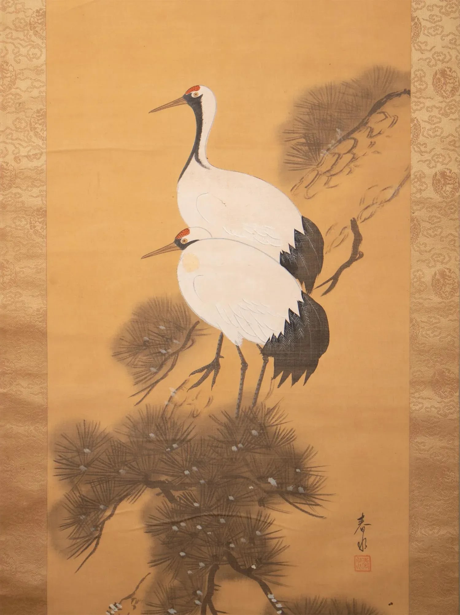 Early 20th Century Meiji to Early Showa Era Japanese Watercolor Scroll Painting, "Two Cranes on the - 3