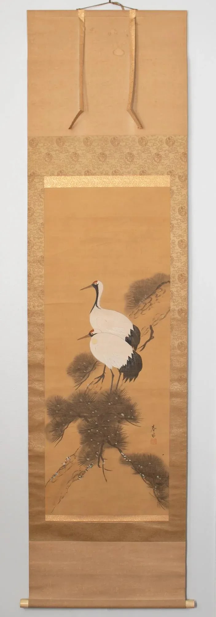 Early 20th Century Meiji to Early Showa Era Japanese Watercolor Scroll Painting, "Two Cranes on the - 7