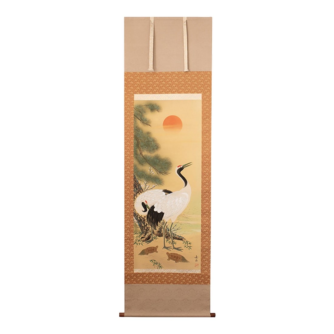 1930s Early Showa Era Japanese Watercolor Scroll Painting, "Cranes and Turtles at Sunrise": Excellent extra large vintage Japanese watercolor scroll painting depicting a stunning landscape scene with rising Sun, big old pine tree, two Turtles and Two Red-Crowned Cranes. Signed and sealed by