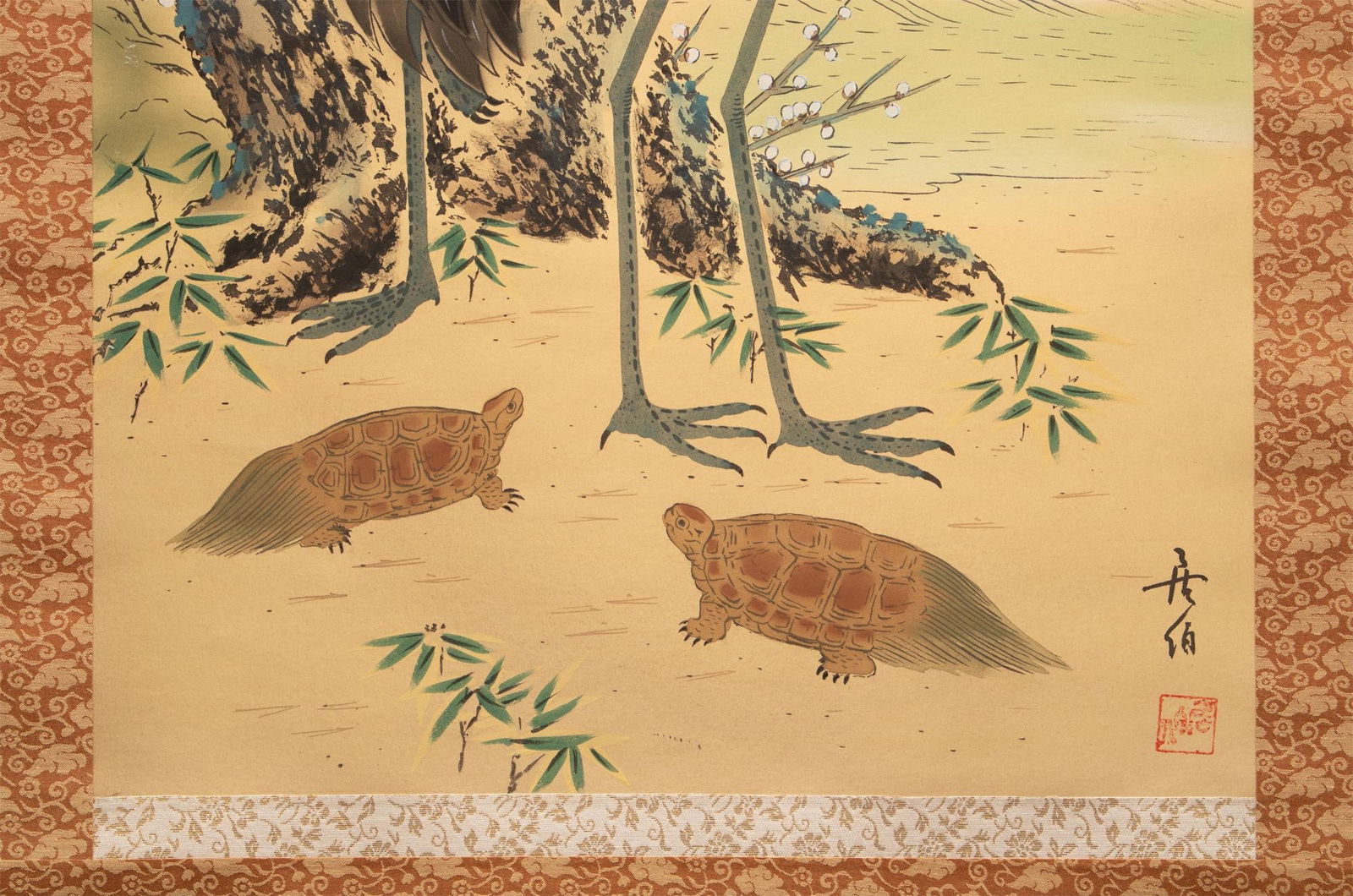 1930s Early Showa Era Japanese Watercolor Scroll Painting, "Cranes and Turtles at Sunrise" - 7