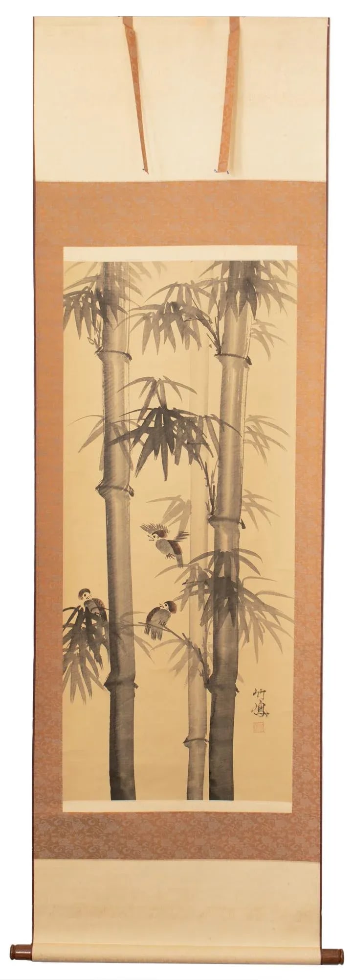 Mid 20th Century Showa Era Japanese Monochrome Watercolor Scroll Painting, "Bamboo Trees and Sparrow - 12