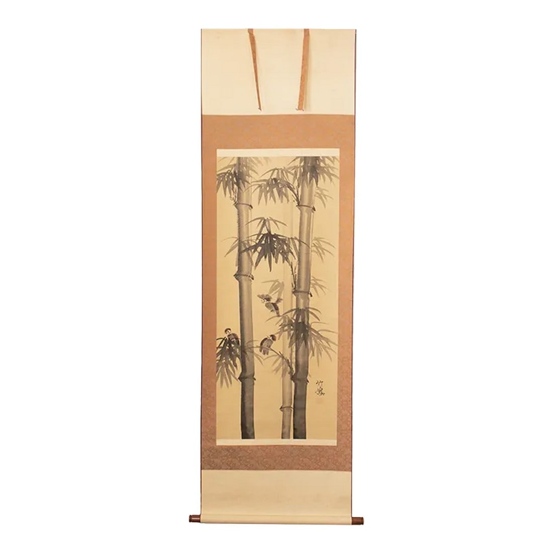 Mid 20th Century Showa Era Japanese Monochrome Watercolor Scroll Painting, "Bamboo Trees and Sparrow: Fine large vintage Japanese monochrome watercolor scroll painting depicting Bamboo Trees and Sparrows. Signed and sealed by artist in ink. Also signed on back. Masterfully painted. Watercolor and ink