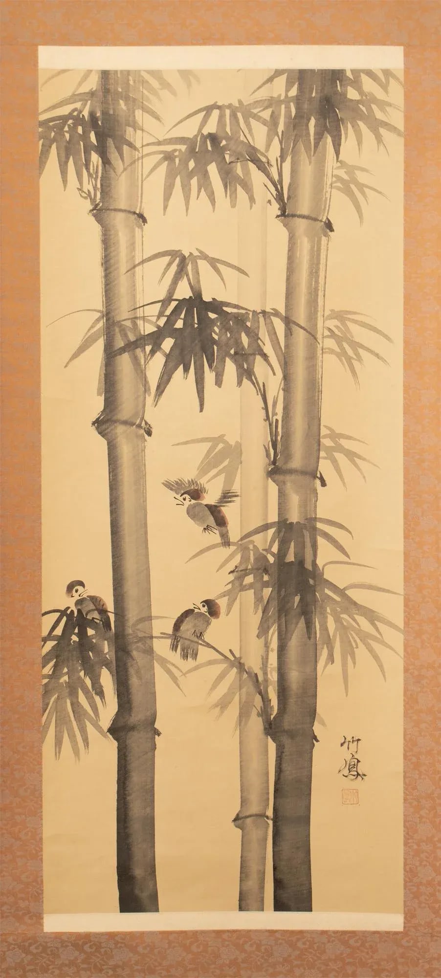 Mid 20th Century Showa Era Japanese Monochrome Watercolor Scroll Painting, "Bamboo Trees and Sparrow - 2