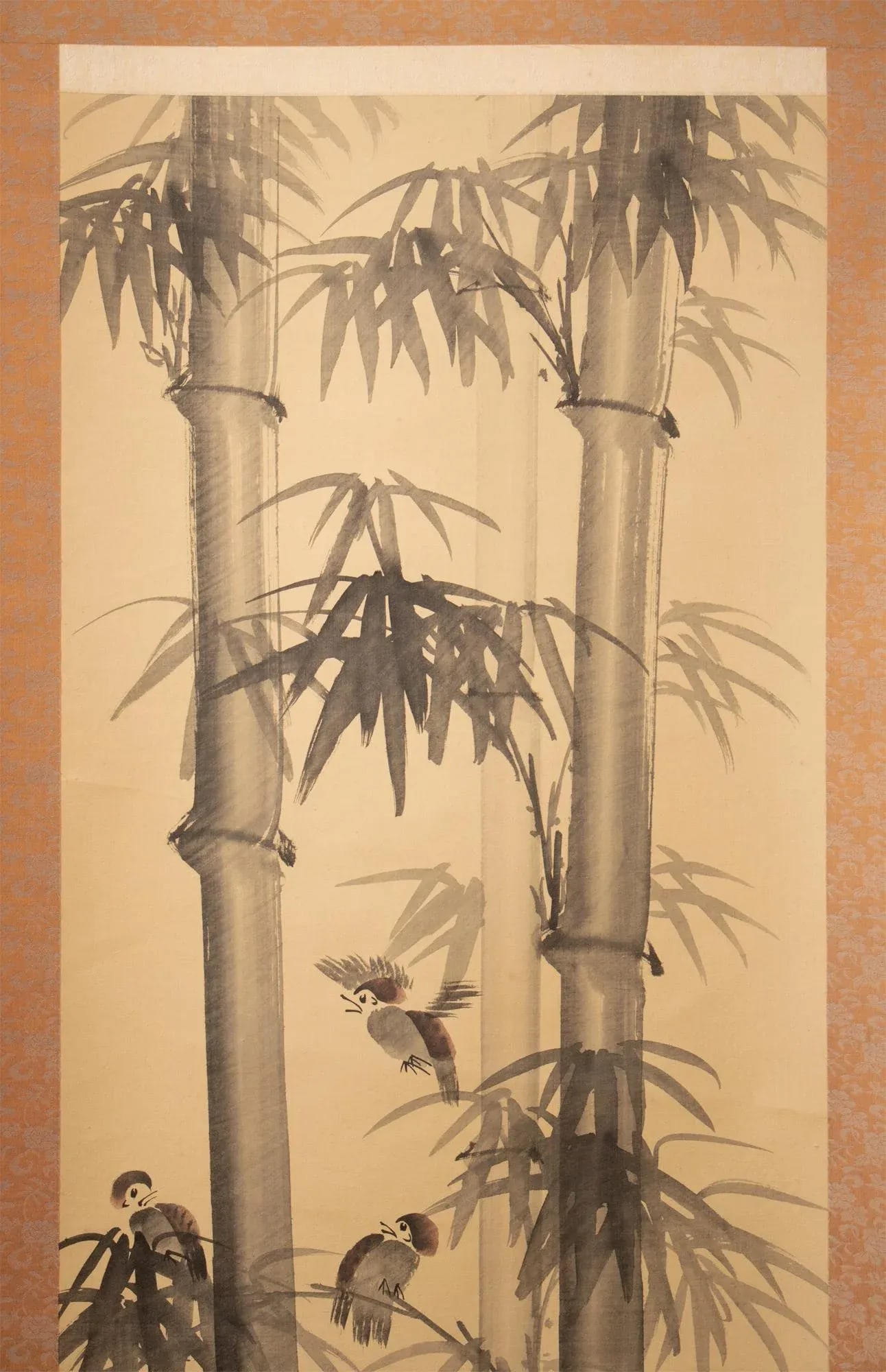 Mid 20th Century Showa Era Japanese Monochrome Watercolor Scroll Painting, "Bamboo Trees and Sparrow - 3