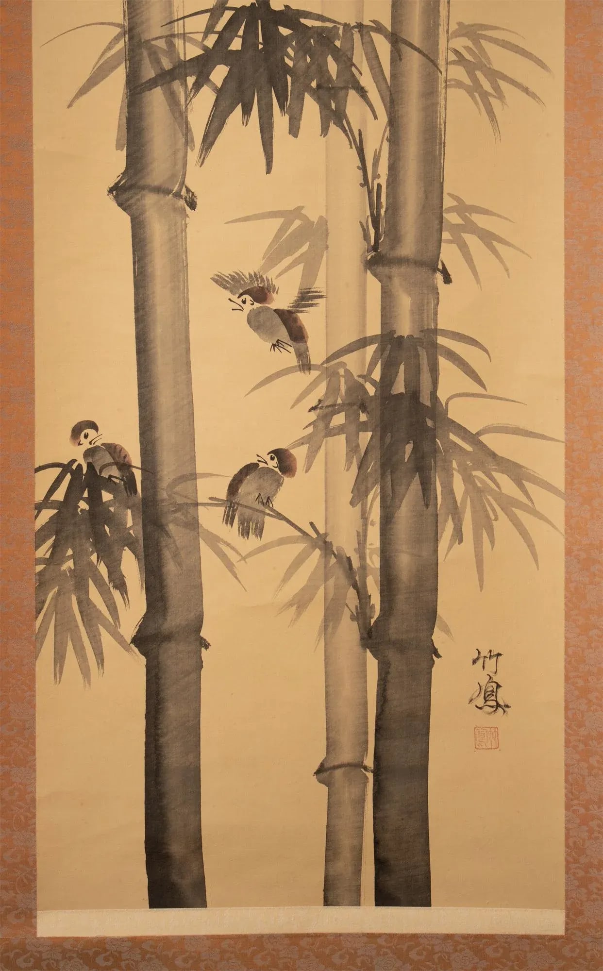 Mid 20th Century Showa Era Japanese Monochrome Watercolor Scroll Painting, "Bamboo Trees and Sparrow - 4