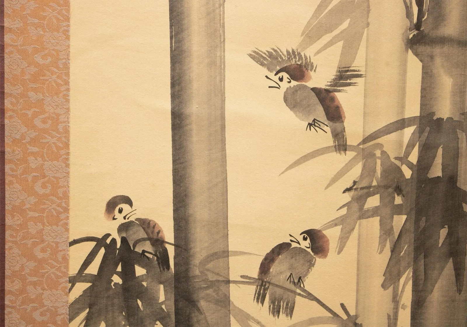 Mid 20th Century Showa Era Japanese Monochrome Watercolor Scroll Painting, "Bamboo Trees and Sparrow - 5