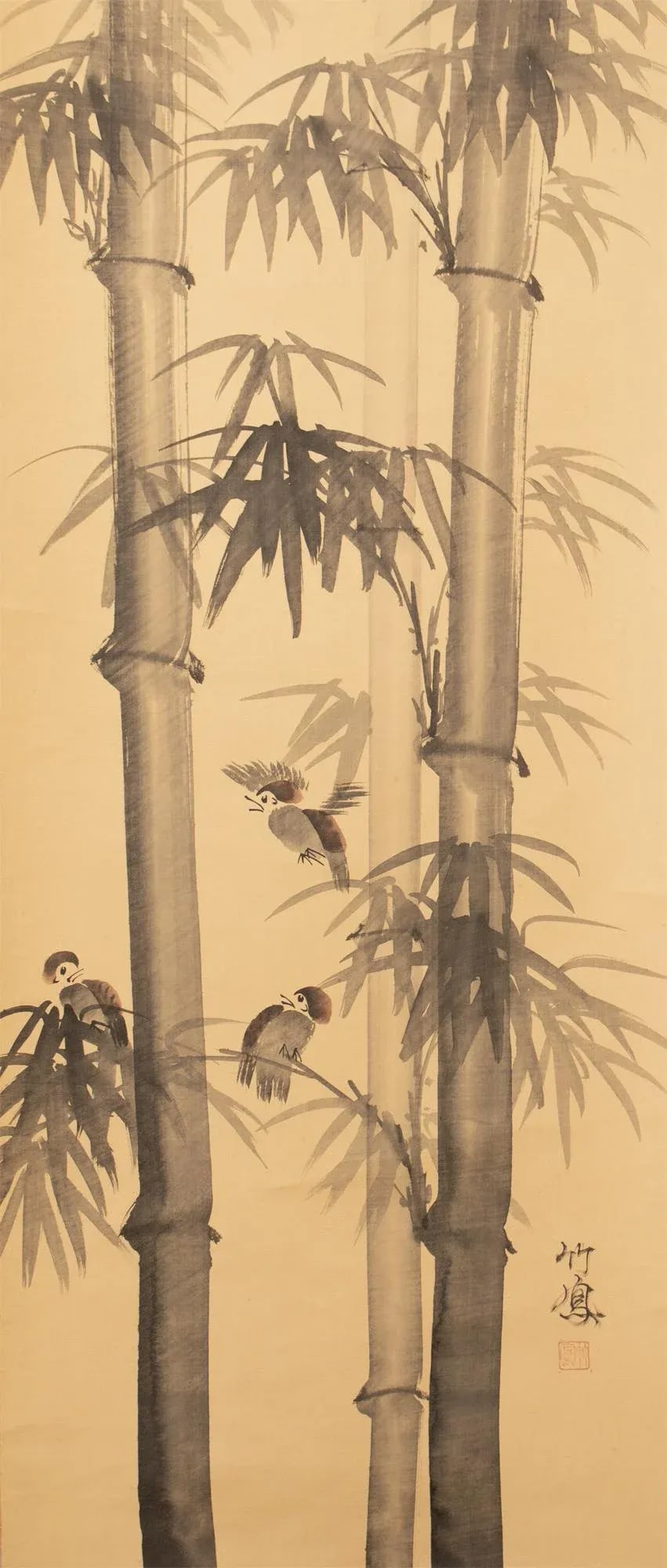 Mid 20th Century Showa Era Japanese Monochrome Watercolor Scroll Painting, "Bamboo Trees and Sparrow - 7