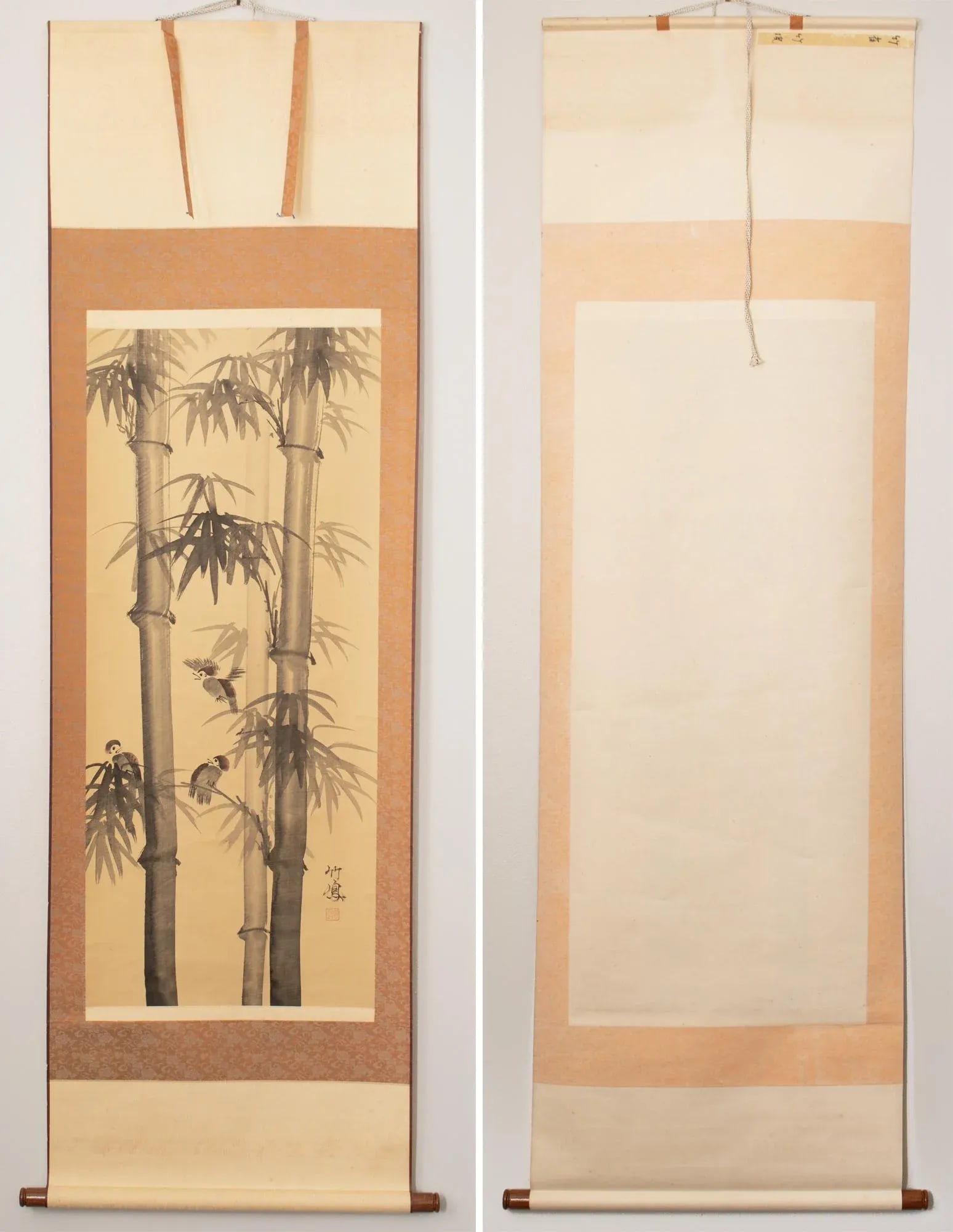 Mid 20th Century Showa Era Japanese Monochrome Watercolor Scroll Painting, "Bamboo Trees and Sparrow - 9