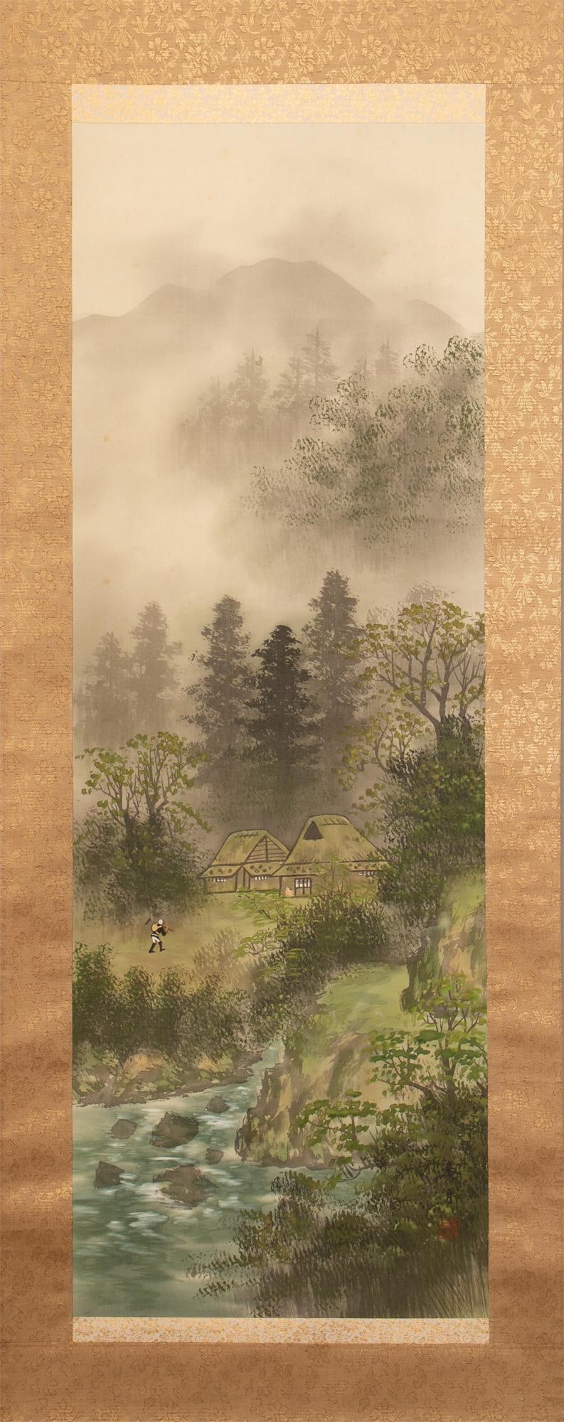 1920s Taisho to Early Showa Era Japanese Watercolor Scroll Painting, "Landscape With River" - 2