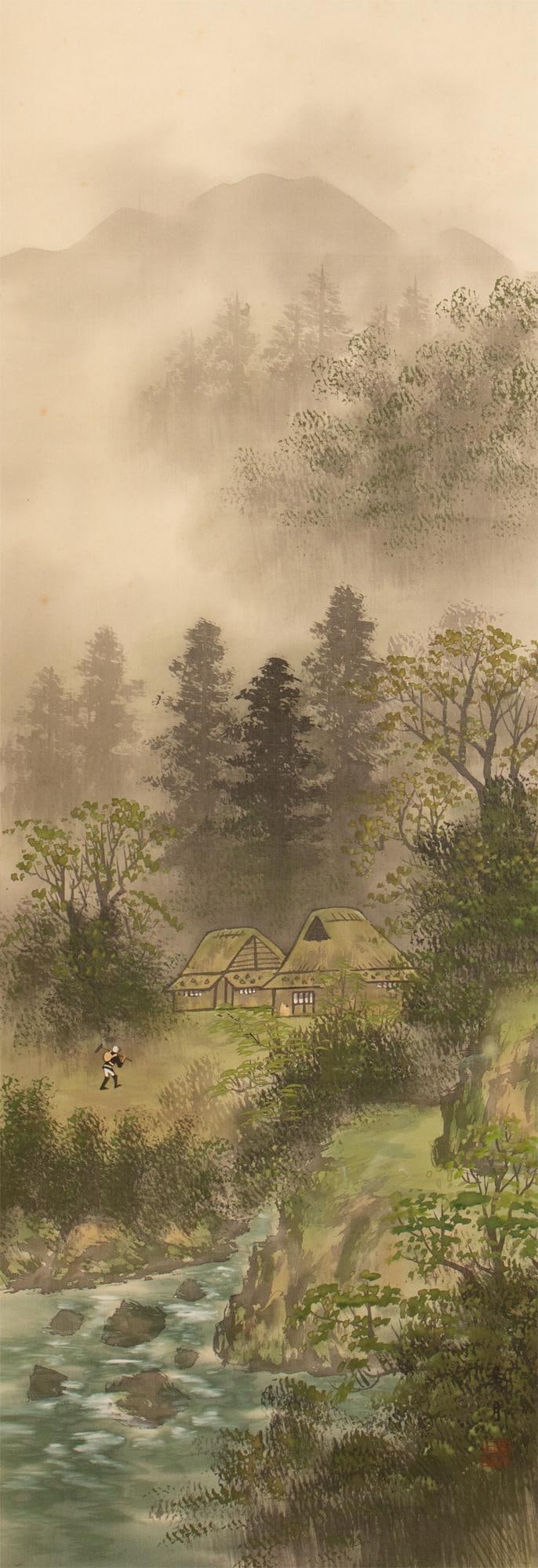 1920s Taisho to Early Showa Era Japanese Watercolor Scroll Painting, "Landscape With River" - 5