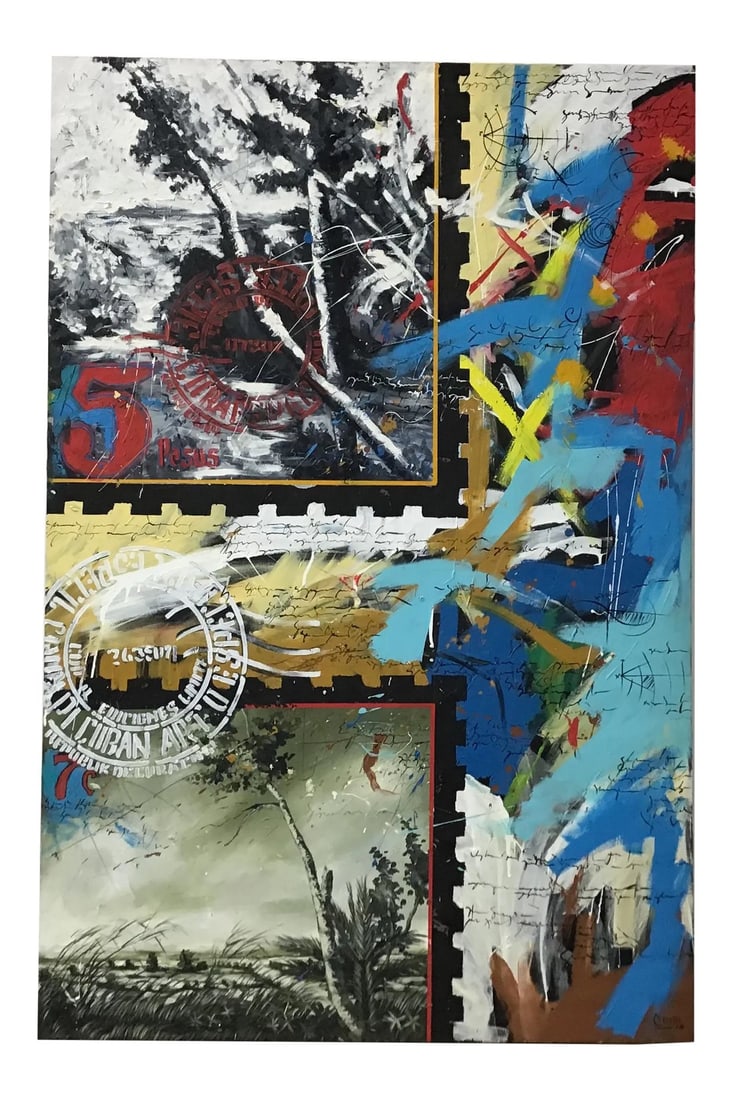 Large Abstract Oil on Canvas Painting, Signed: Large abstract oil on canvas painting. Beautiful bright vivid colors with an abstract design. Painted by a Cuban artist and Signed Cesar 011. Anyone with knowledge of Cuba can most likely realize
