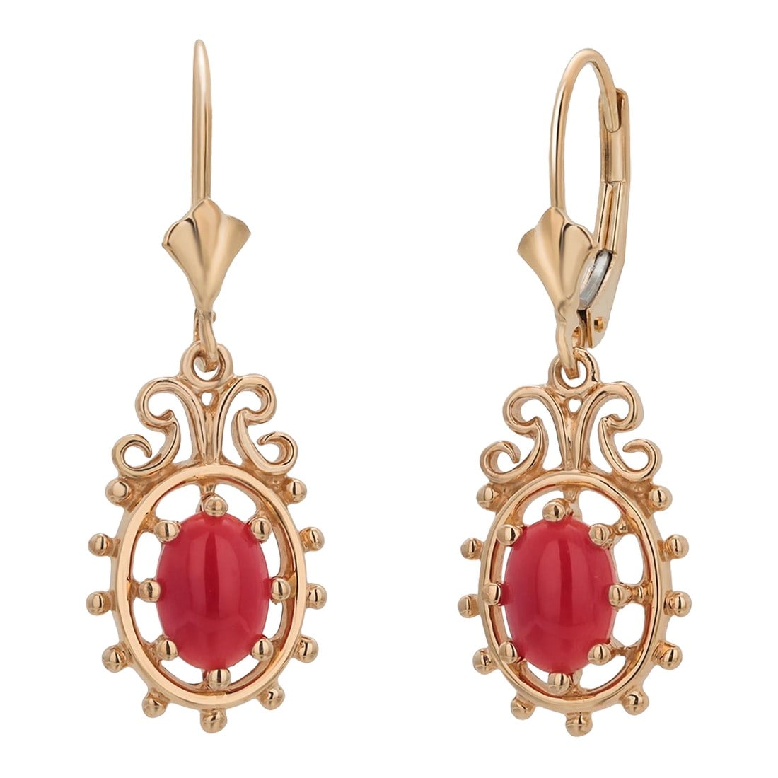 Vintage 14 Karat Yellow Gold Coral Lever Back 1.25 Inch Long Drop Earrings - 2 Pieces (1 of 10)