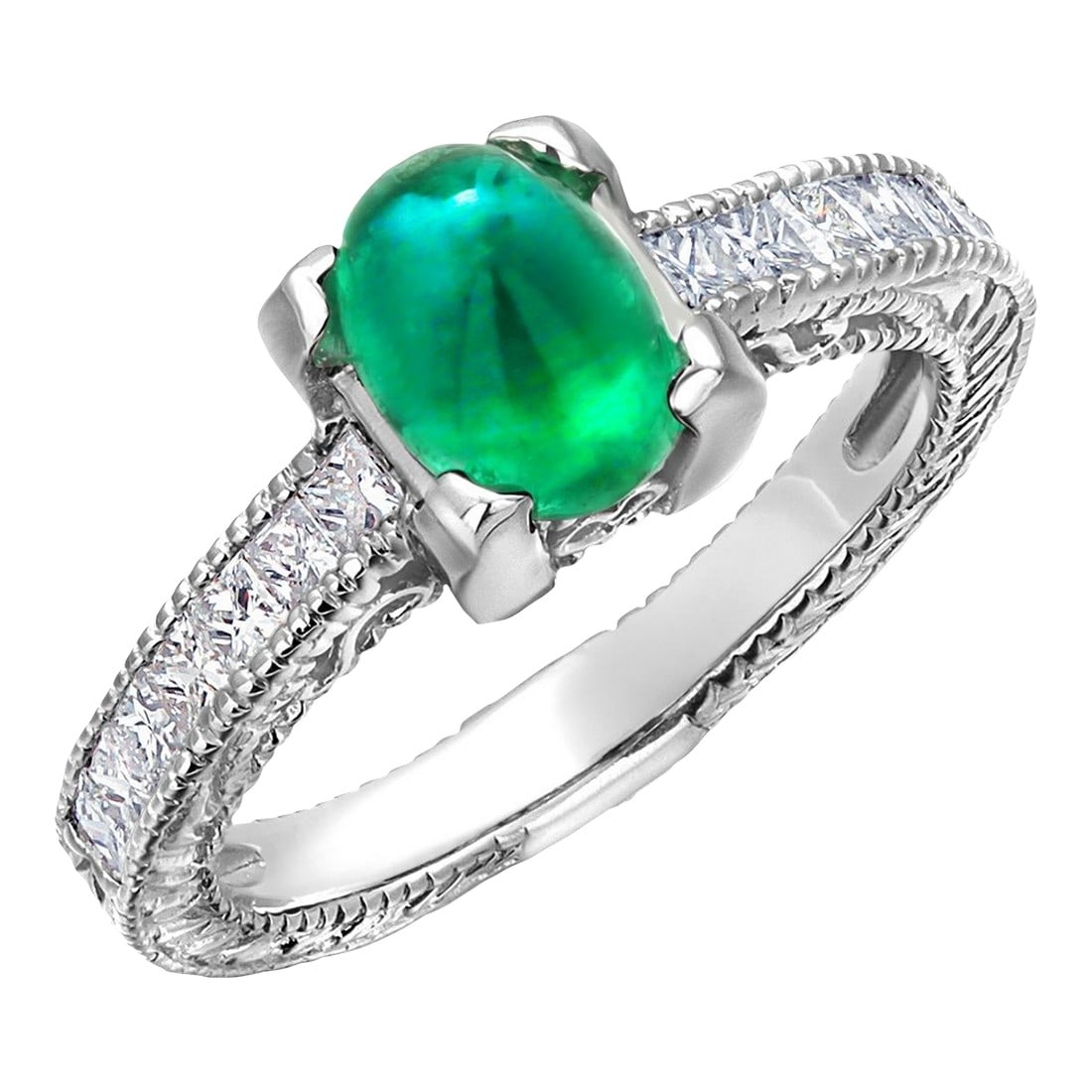 14 Karat White Gold Cabochon Colombian Emerald Princess Diamond 2.10 Carat Milgrain Engraved Ring Si (1 of 9)
