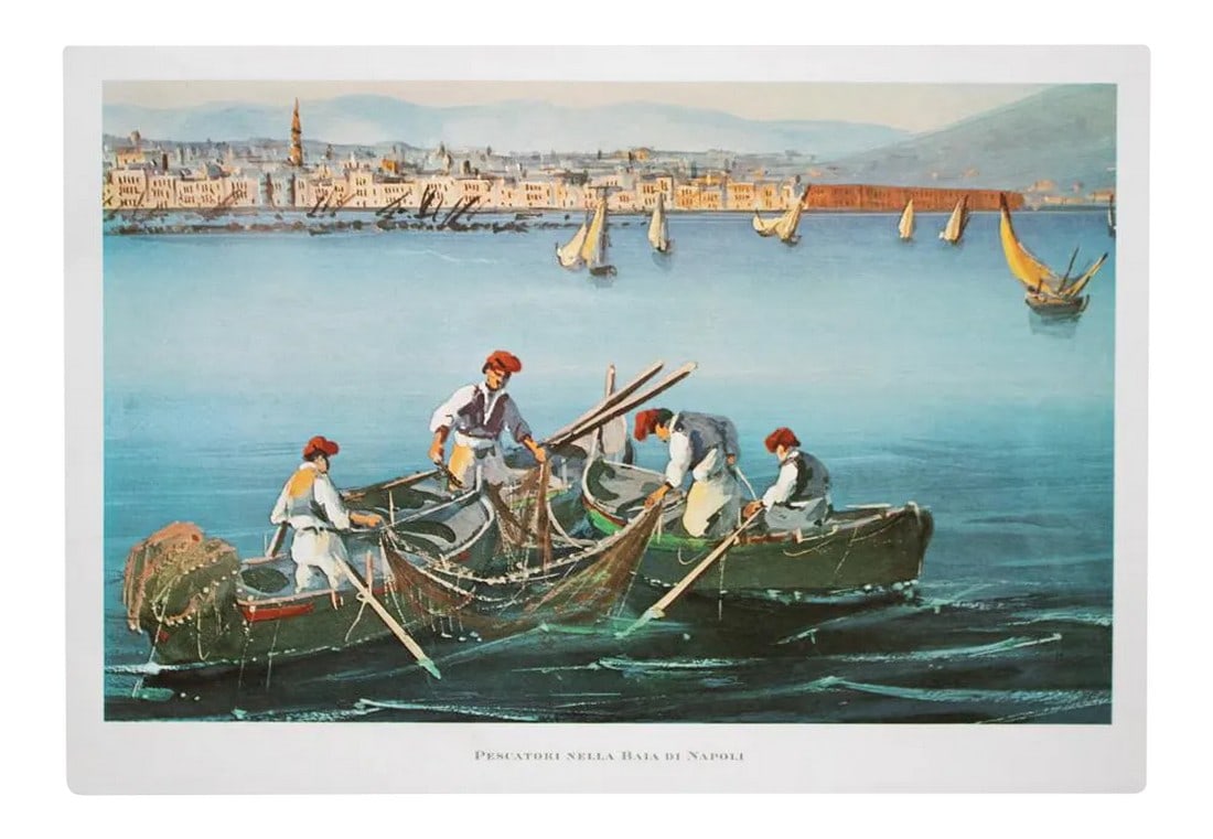 1964 "Fishermen in the Bay of Naples", First Edition Full-Color Print: First Edition Full-Color Print of painting "Pescatori nella Baia di Napoli" (Fishermen in the Bay of Naples) by unknown artist of the Neapolitan School of XVIII century. Comes from a rare art folio