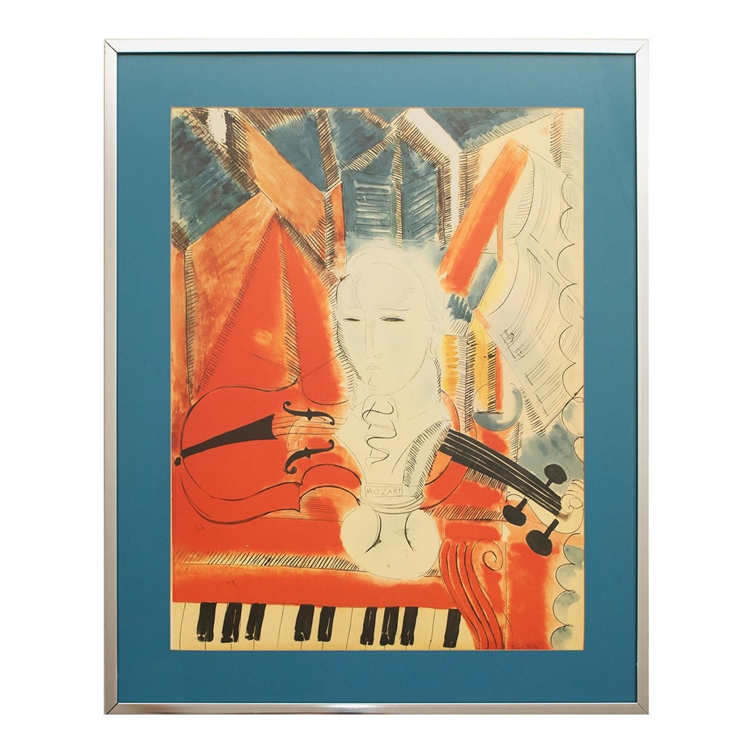 XL Late 20th Century After Raoul Dufy, "Homage to Mozart", Framed First Edition Offset Lithograph: A stunning extra large First Edition offset lithograph, print, of painting "Homage to Mozart" by Raoul Dufy. Signed in the print: "Raoul Dufy 1915". Name of the composer on the bust. Printed on high q