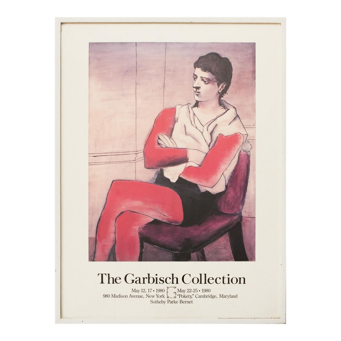 1980 After Pablo Picasso, the Garbisch Collection Estate Auction Poster, Framed: A rare famous The Garbisch Collection Auction poster from 1980 featuring painting "Saltimbanque Seated with Arms Crossed" by Pablo Picasso from the collection. Ink on paper. Covered with glass.