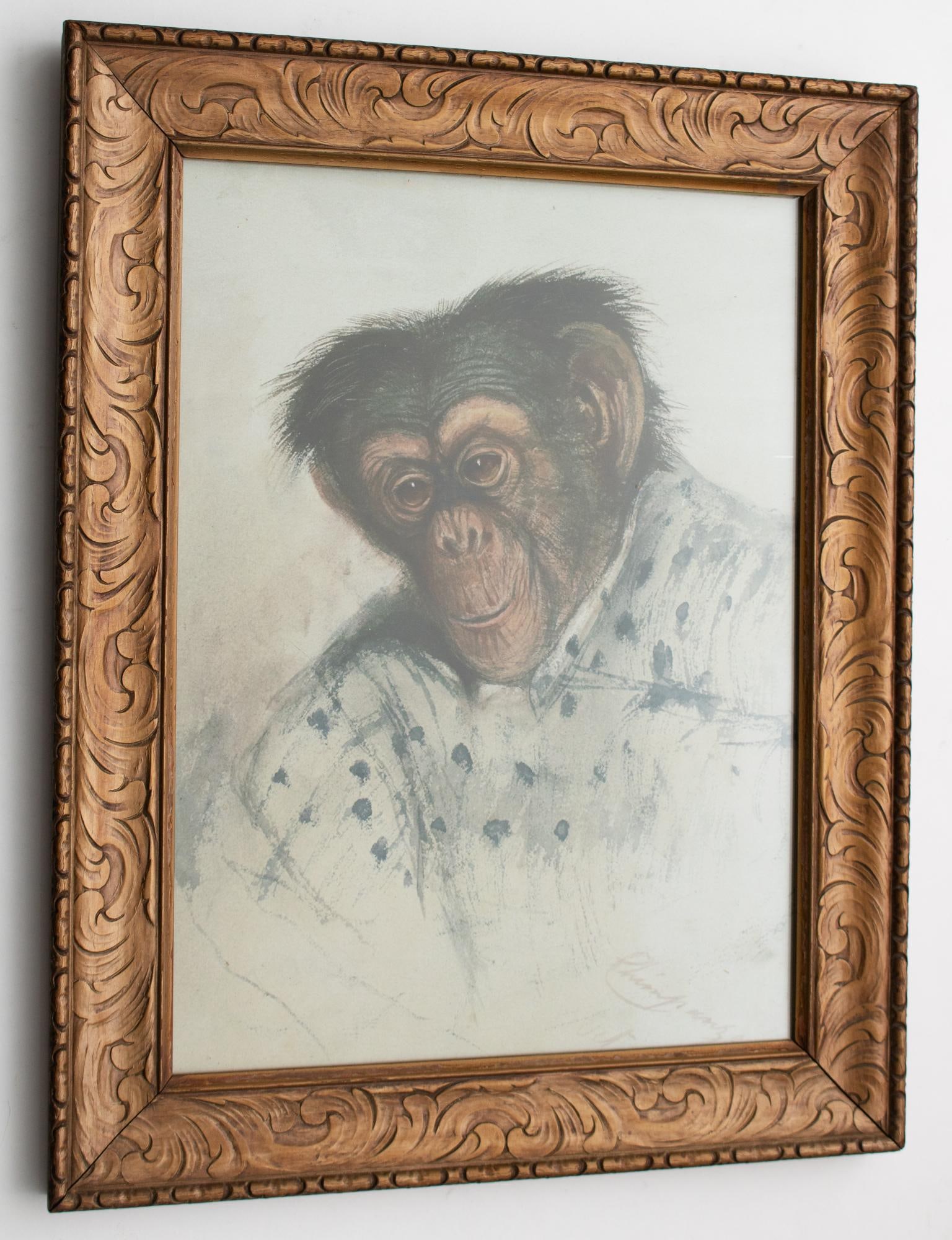 After Edward Lear "Portrait of Chimpanzee", Large Reproduction Print in Antique Frame - 2