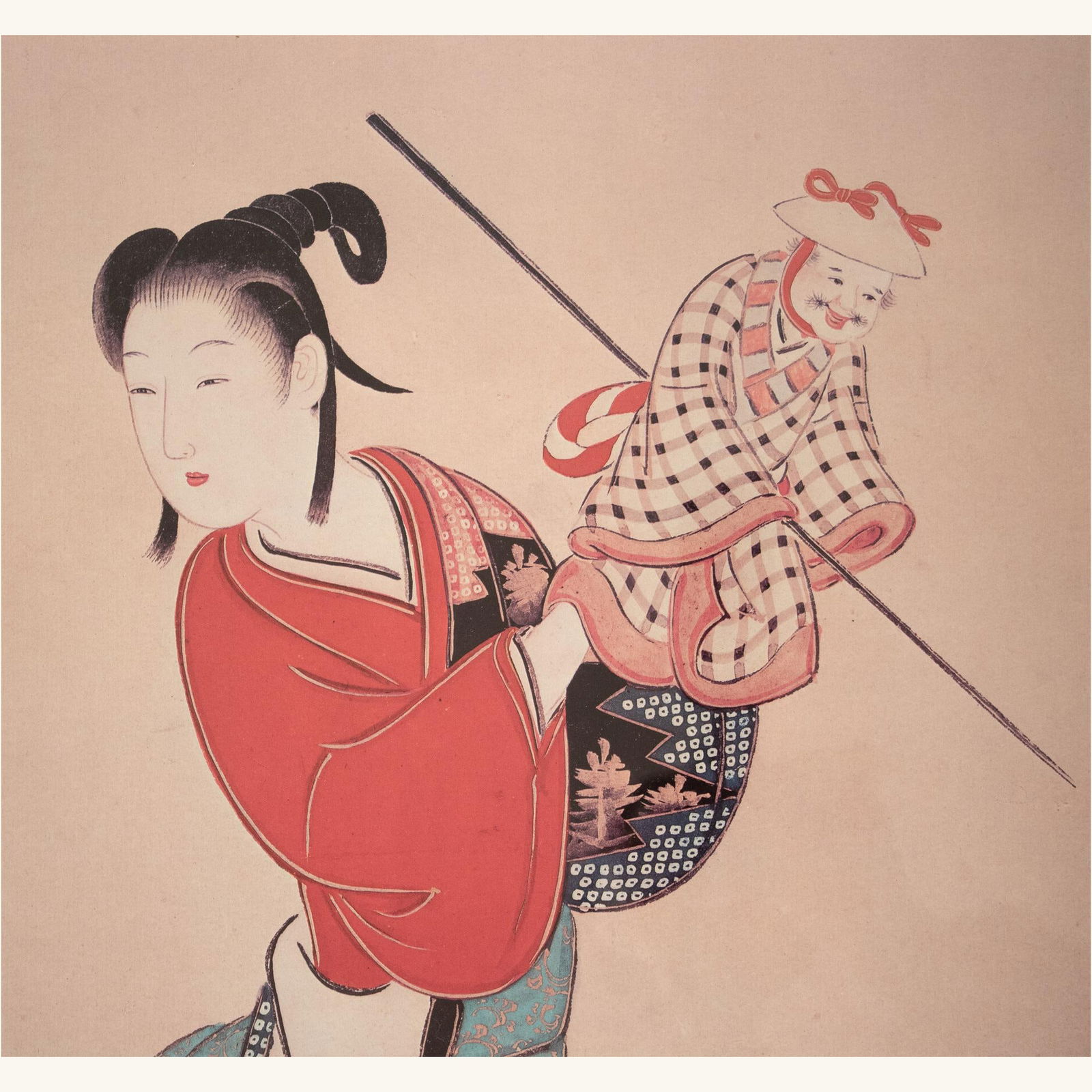 Mid 20th Century XL ShÅwa Era "Lady With a Puppet", Japanese Ukiyo-E Print, Framed - 2