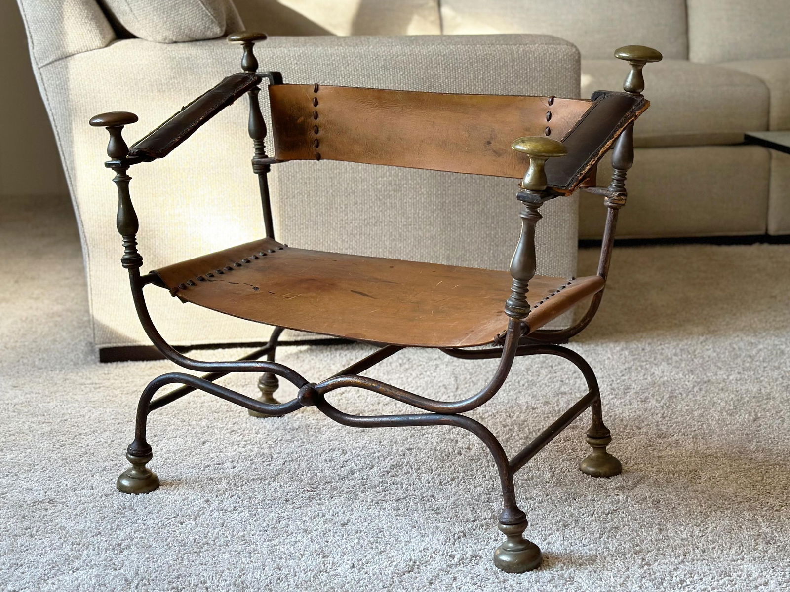 1900s Antique Italian Savonarola Leather Accent Chair - 11