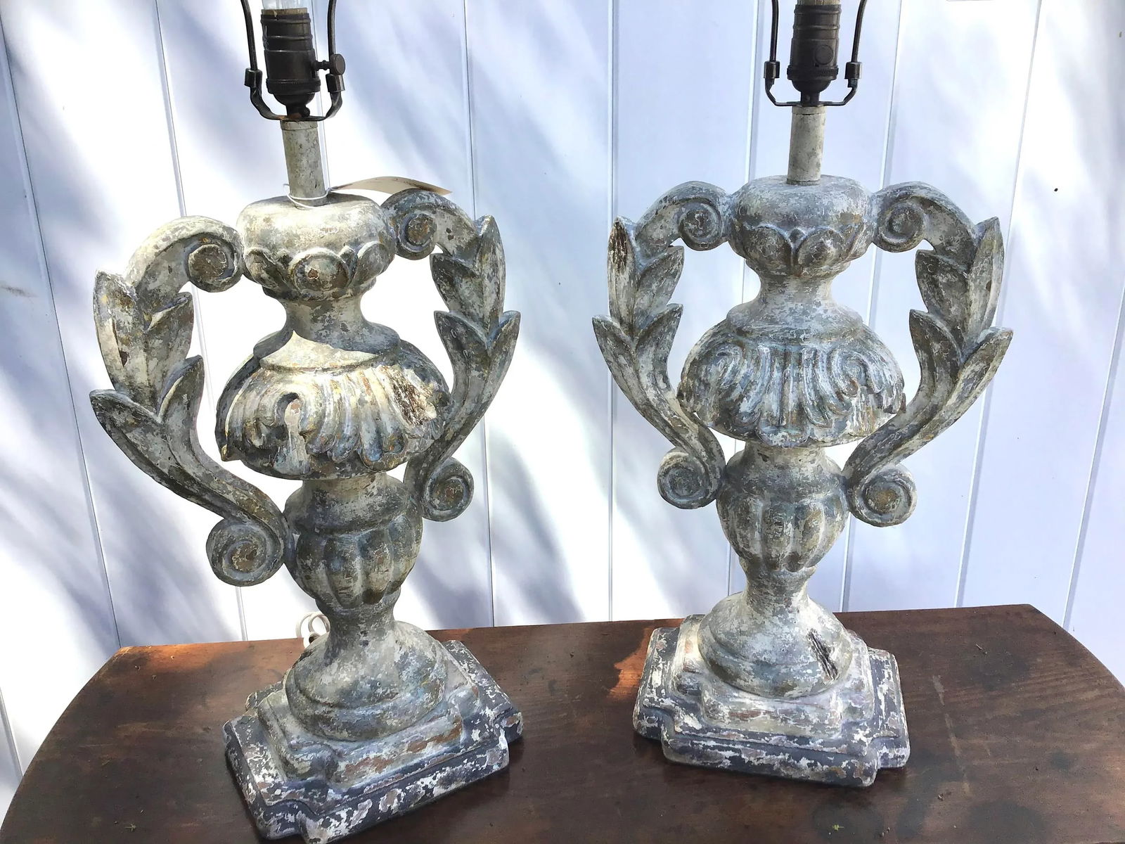 Carved Distressed Wood Italian Urn Table Lamps - 2