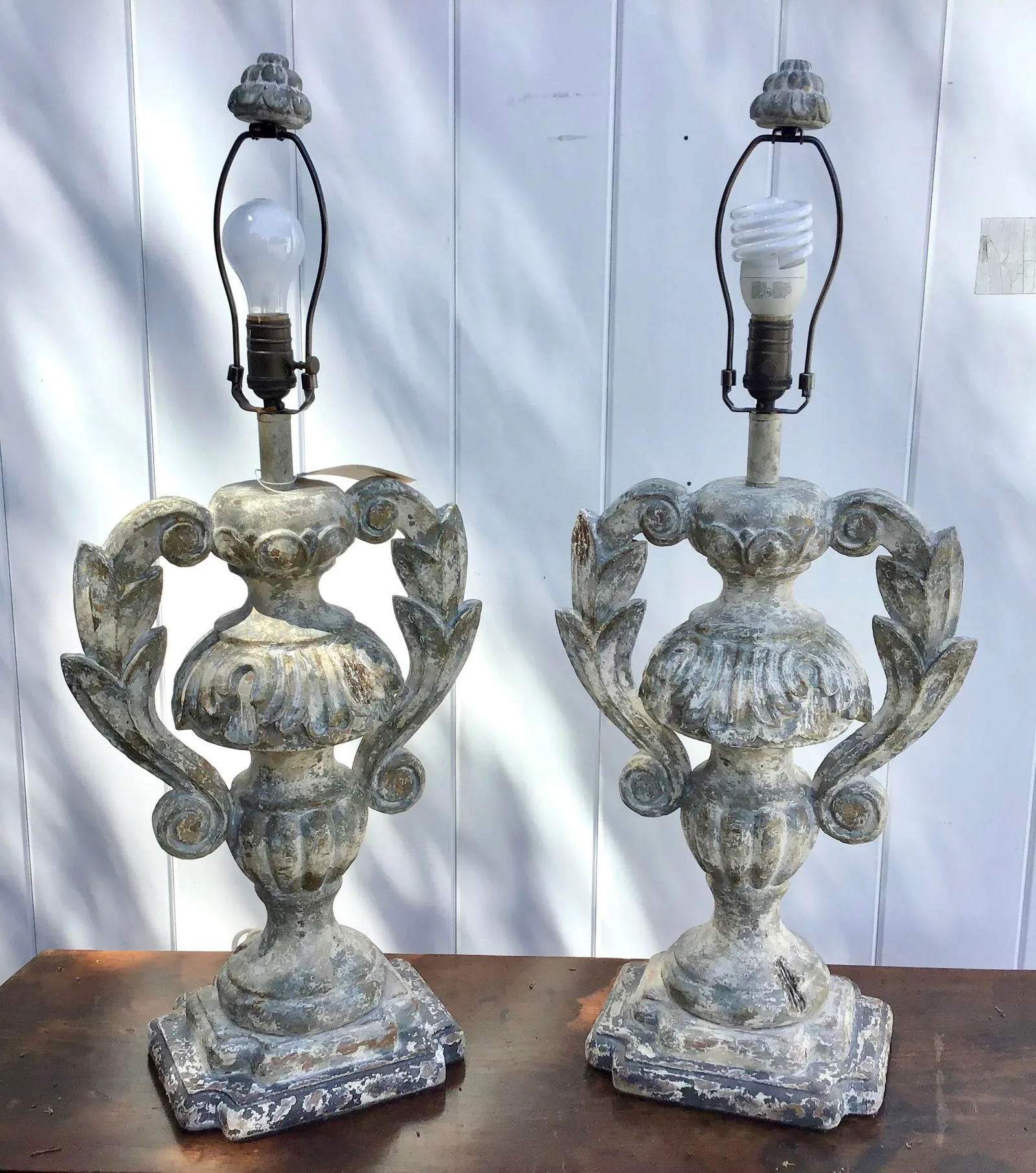 Carved Distressed Wood Italian Urn Table Lamps - 9