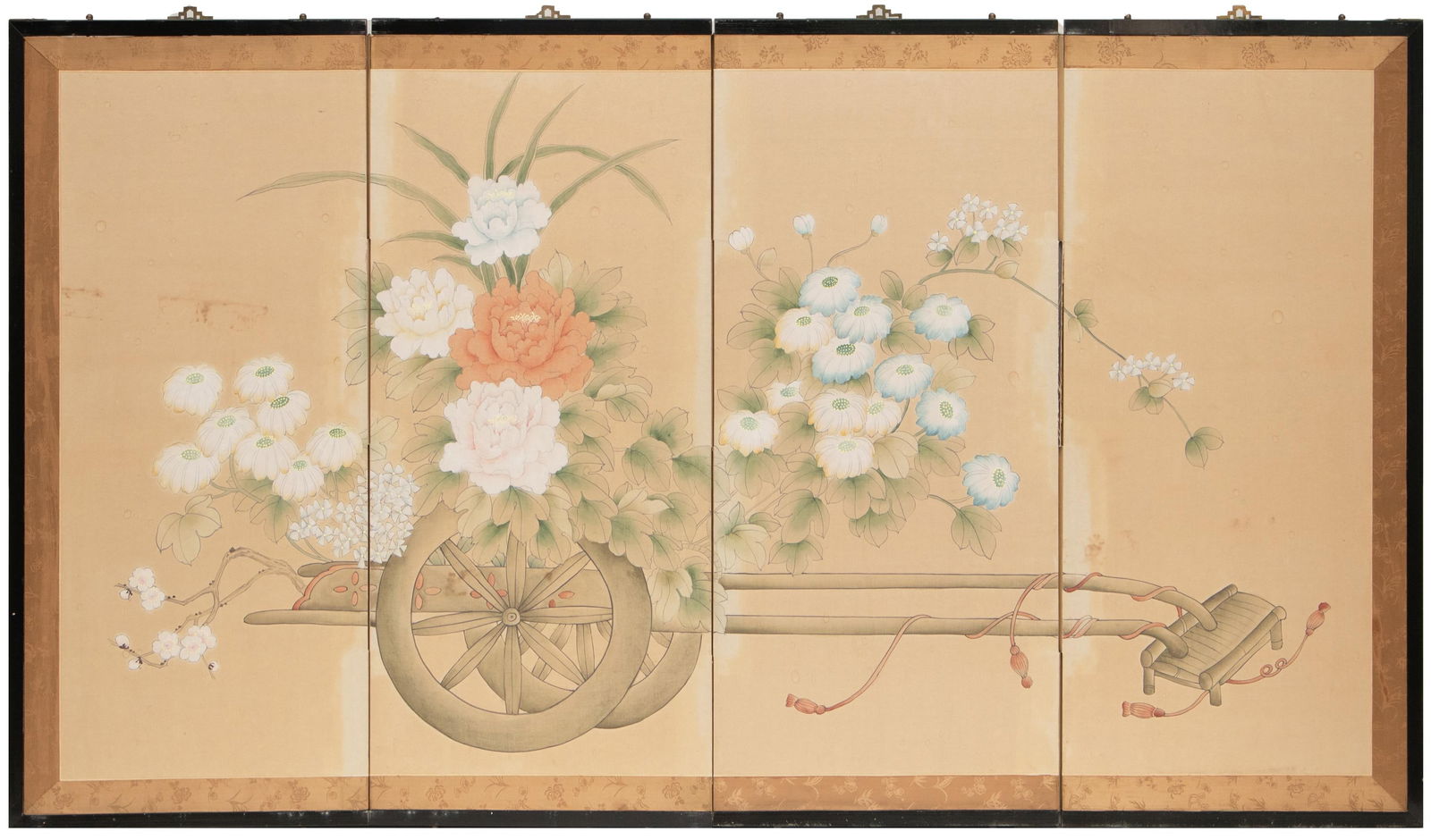 1950-1960s Chinoiserie Style Painted Silk Screen With Flower Cart - 12
