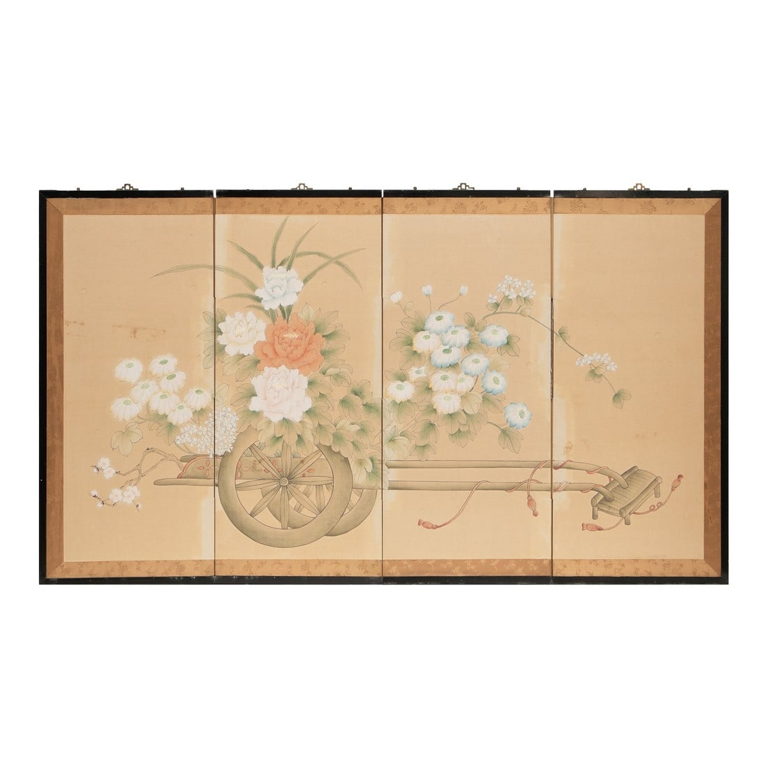 1950-1960s Chinoiserie Style Painted Silk Screen With Flower Cart (1 of 12)