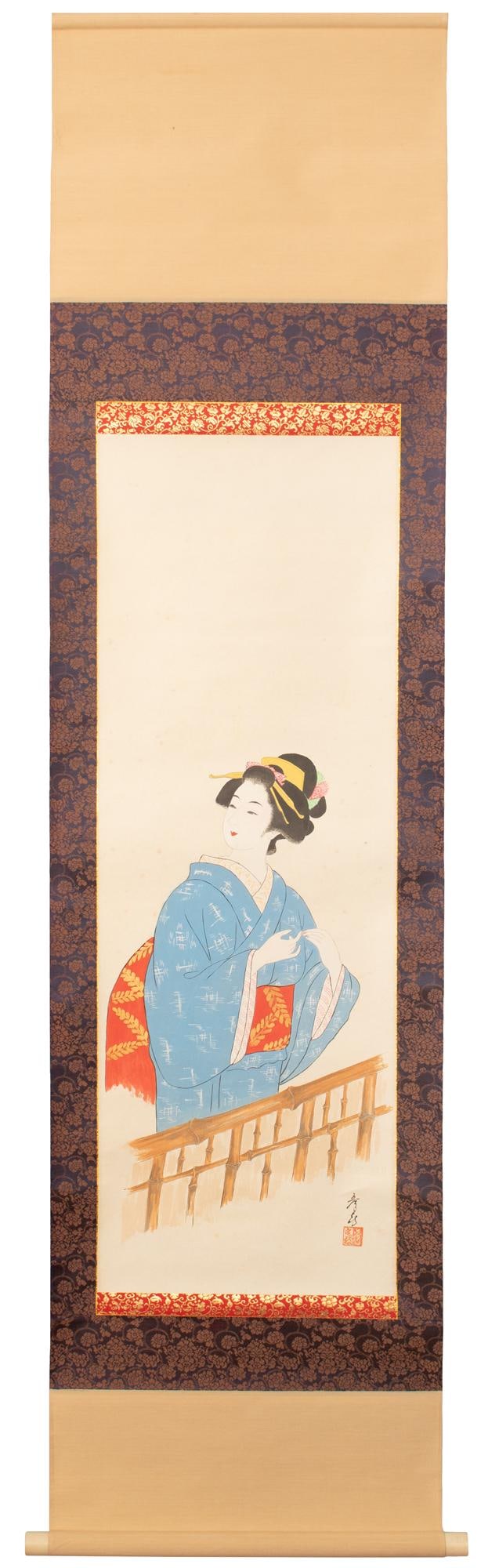 Showa Era Japanese Watercolor Scroll Painting of a Woman in Kimono - 11