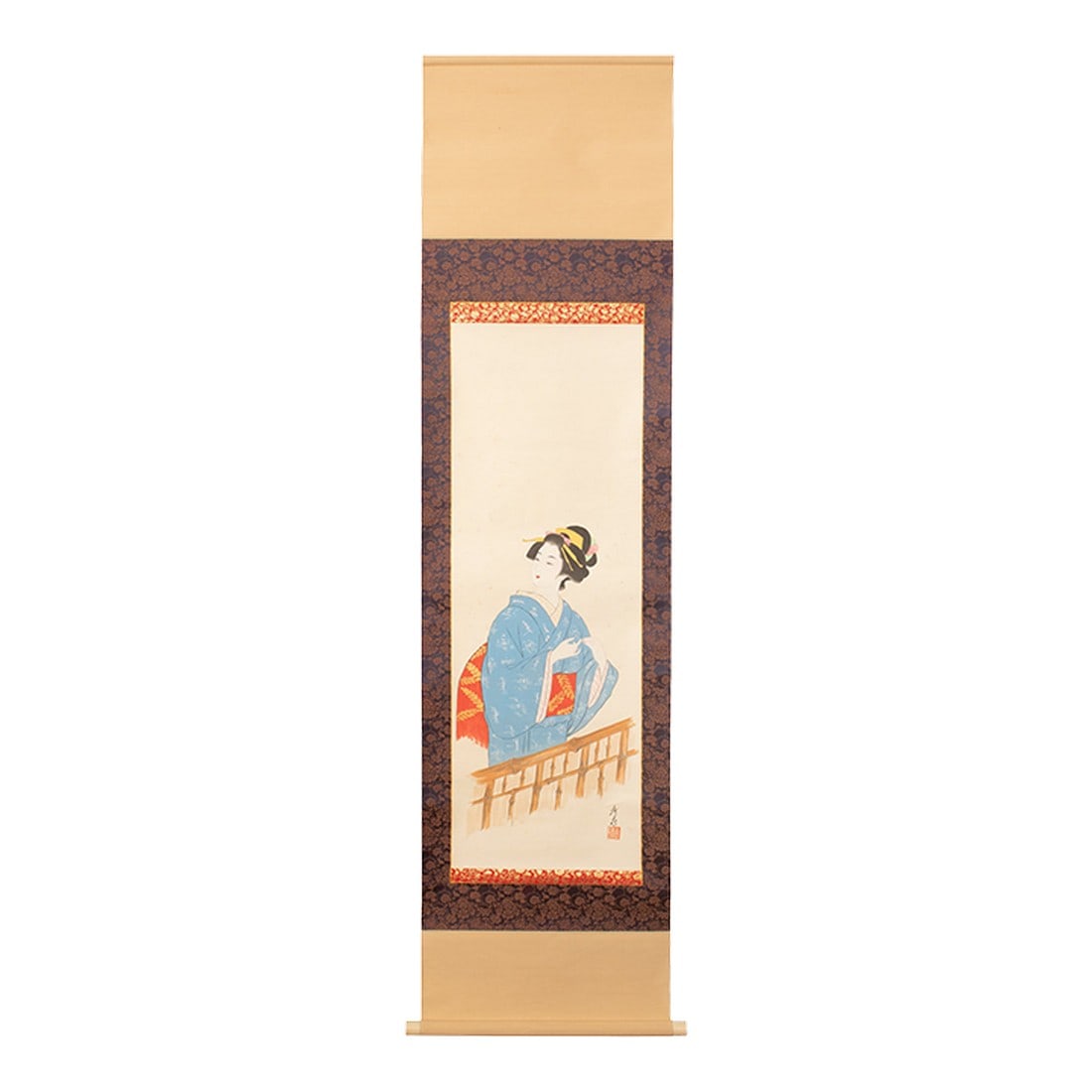 Showa Era Japanese Watercolor Scroll Painting of a Woman in Kimono: Excellent large antique or vintage Japanese watercolor scroll painting of a beautiful young woman wearing traditional Japanese kimono. Signed and sealed by artist in ink. Masterfully painted. Very