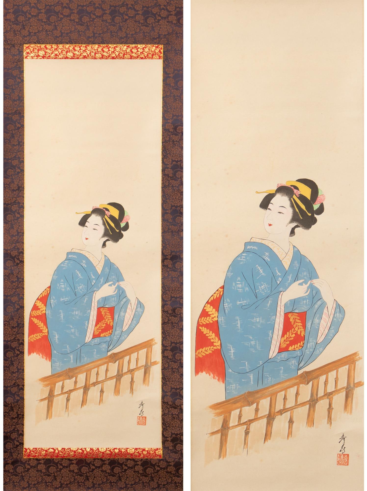 Showa Era Japanese Watercolor Scroll Painting of a Woman in Kimono - 2