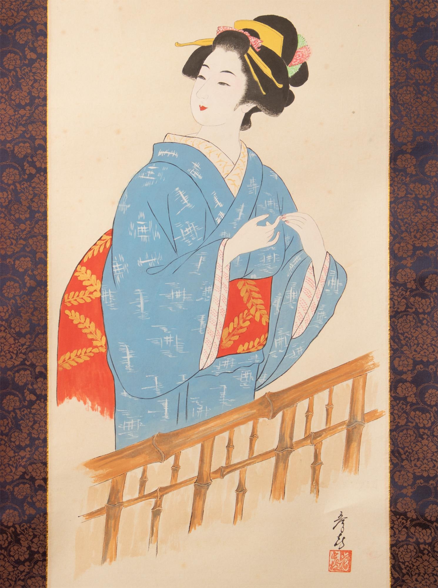 Showa Era Japanese Watercolor Scroll Painting of a Woman in Kimono - 3