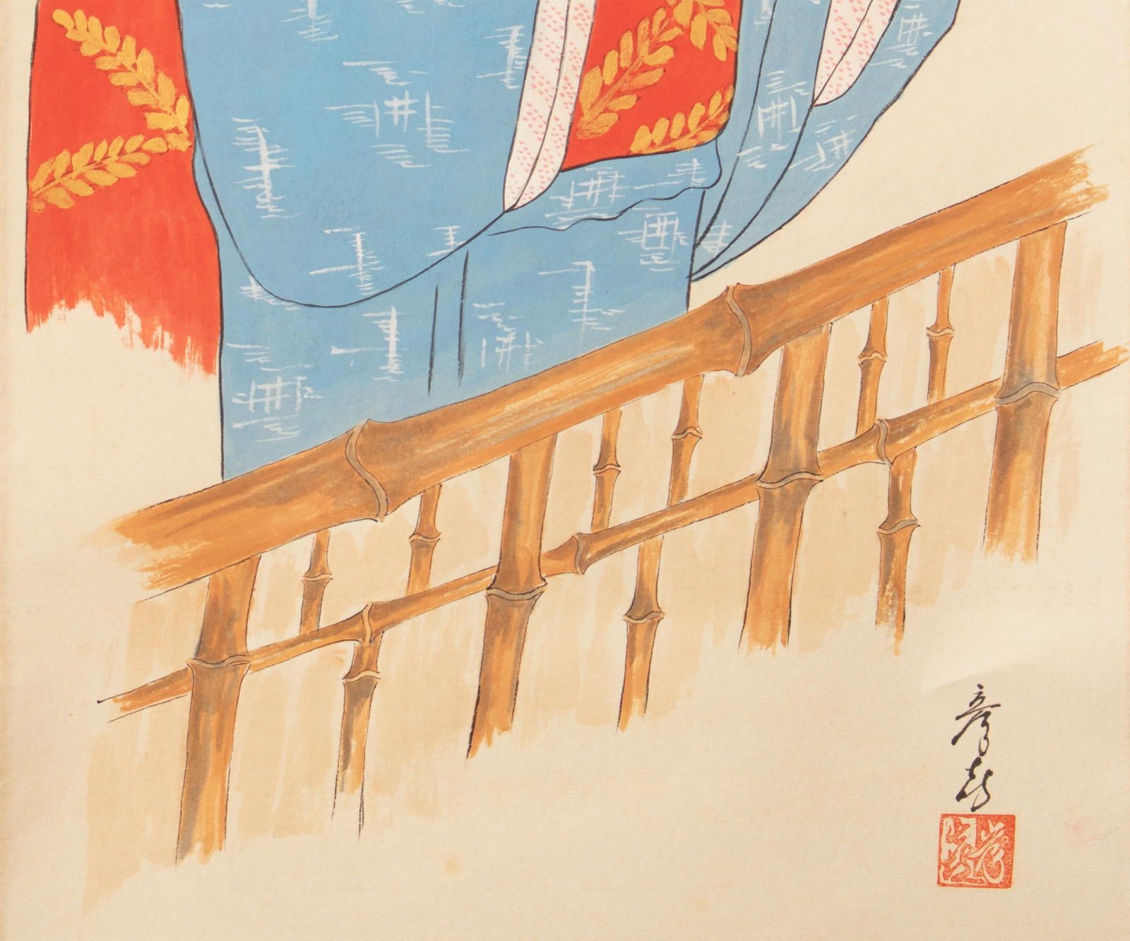 Showa Era Japanese Watercolor Scroll Painting of a Woman in Kimono - 6