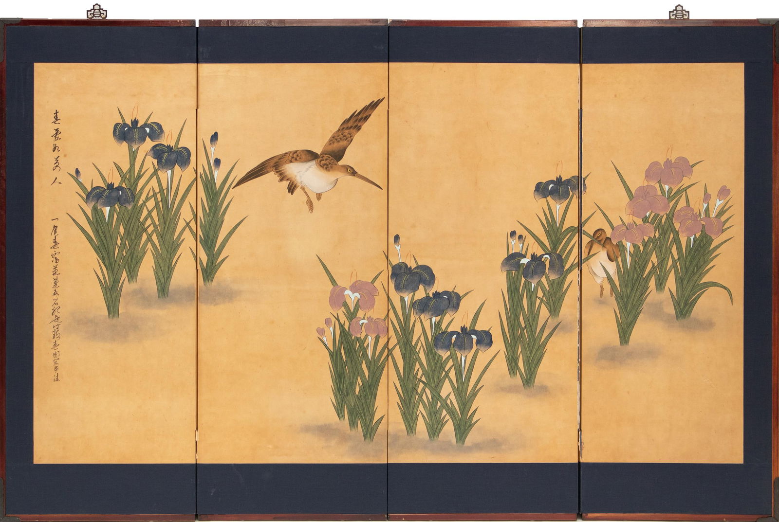 C. 1970s Japanese Style Painted Folding Screen "Pond Herons and Irises" - 12