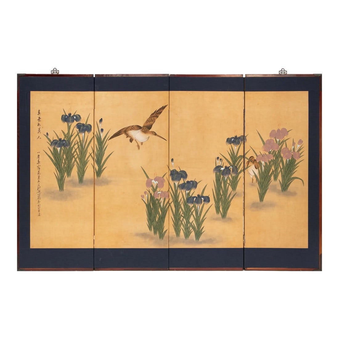 C. 1970s Japanese Style Painted Folding Screen "Pond Herons and Irises": C. 1970s Japanese Style four-panel folding screen, depicting Landscape scene with two Pond Herons and Iris Flowers. Signed by artist in ink. Gouache, watercolor and ink on paper. Silk border.