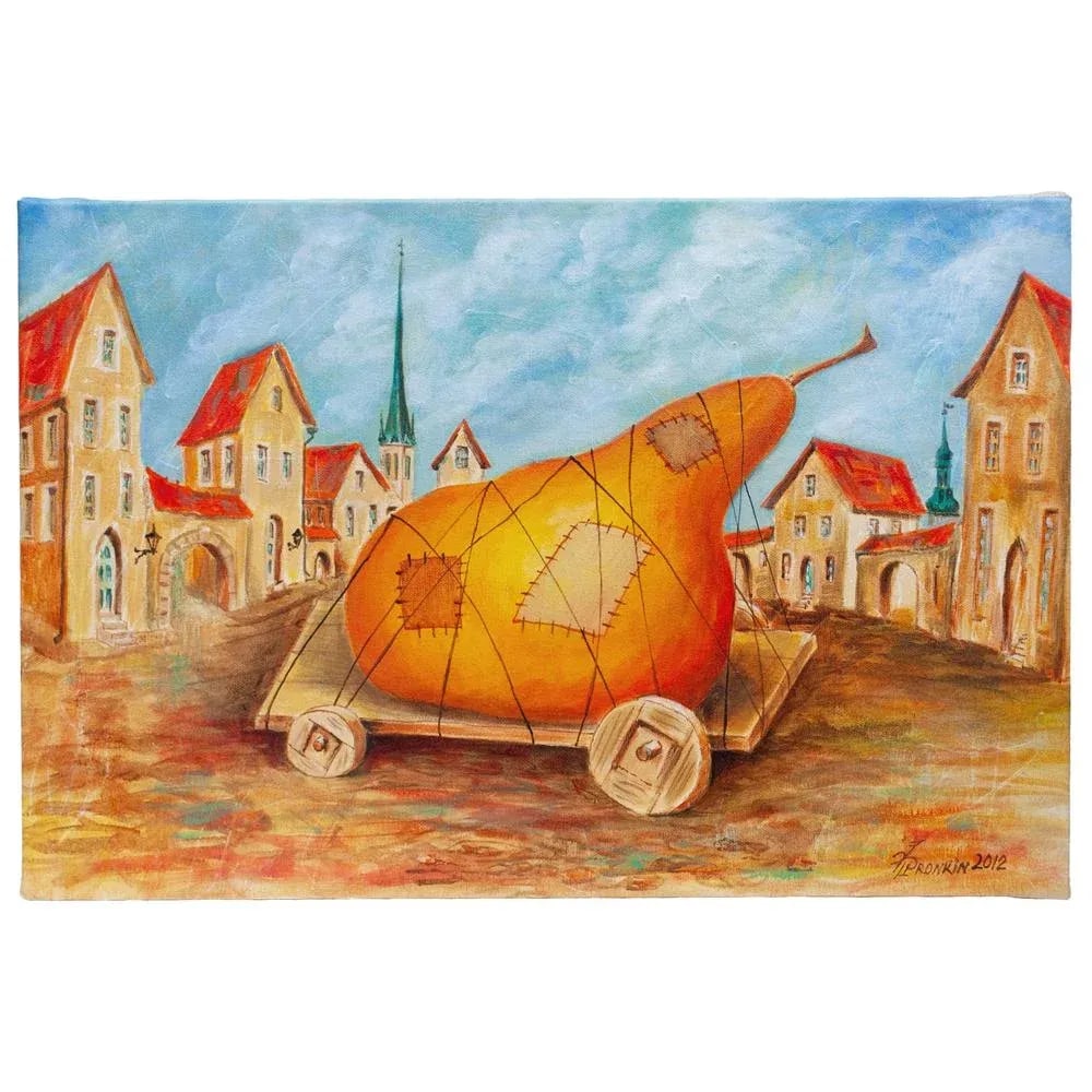 2012 Vlad Pronkin Original "Big Pear in an Old City" Surrealist Painting, Signed - 13
