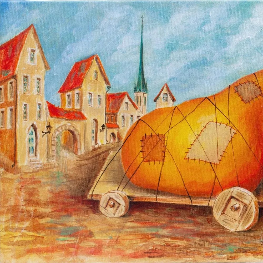 2012 Vlad Pronkin Original "Big Pear in an Old City" Surrealist Painting, Signed - 2